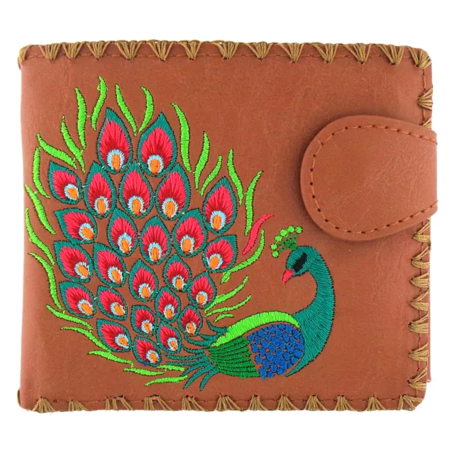 Lavishy Divine Peacock Peacock Feather Embroidery Vegan Medium Bi-fold Wallet