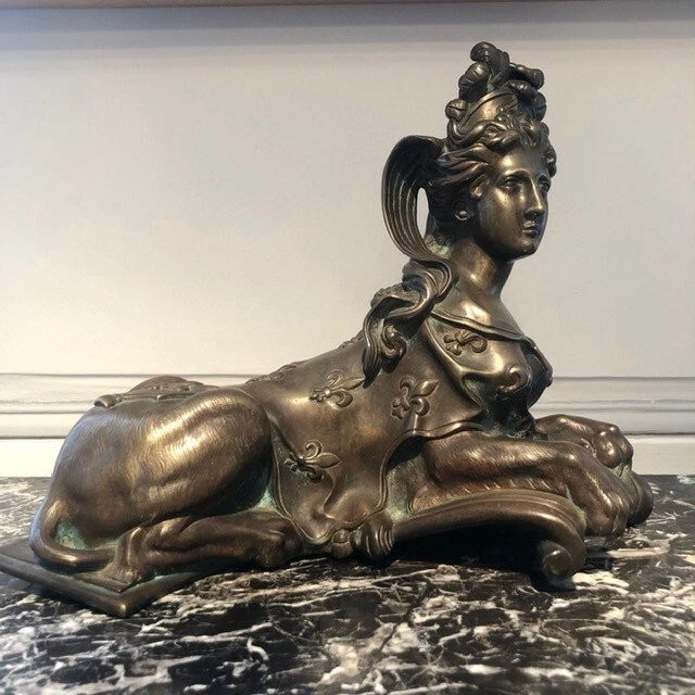 Antique Patinated Bronze Statue Sphinx Woman Figurine Decor Late 19th Century