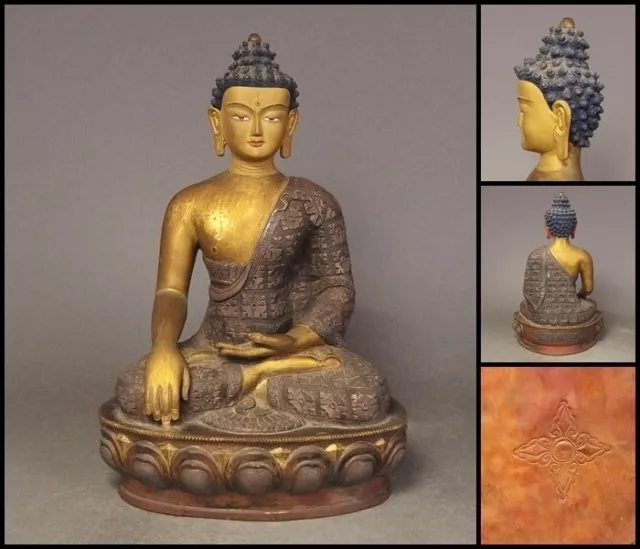 Antique Chinese cooper inlaid silver and gold Sakyamuni Buddha Qing Dynasty