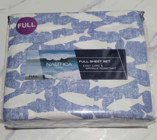 Nautica Home Full Sheet Set Blue & White TARPON FISH Cotton & Polyester RARE❤️