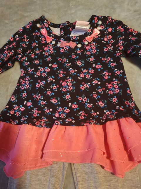 NWT Girls 18M Nannette Kids 2 Pc Flowers/Bows/Pearls Shirt and Leggings Set 2