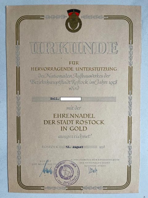 DDR URKUNDE NAW Ehrennadel Der Stadt Rostock In Gold 1958 Mecklenburg ddr-urkunde-naw-ehrennadel-der-stadt-rostock-in-gold-1958-mecklenburg