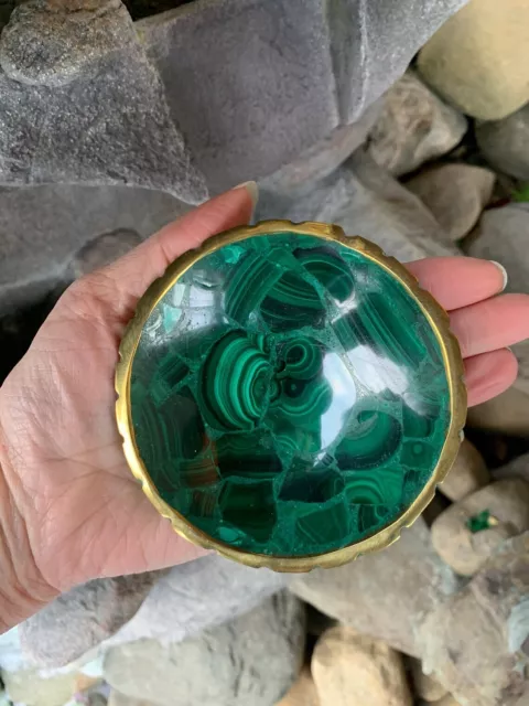 4" MALACHITE Bowl,Green,Malachite Dish,Hand Carved,Birds Eye Malachite,Brass Rim 3