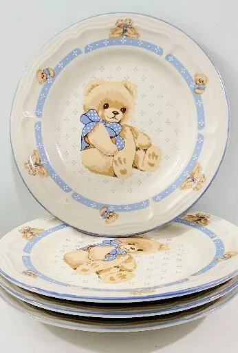 Set of 4 Vintage Tienshan Theodore Country Bear Dinner Salad Plates 8” Stoneware