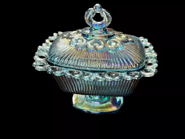 Vintage Indiana Glass Blue Windsor Carnival Iridescent Candy Dish w/Lid  MCM