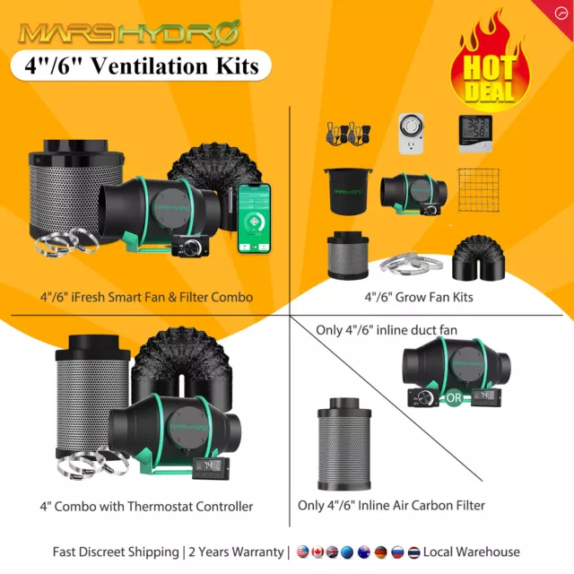 Mars Hydro 4'' 6'' Inline Fan Carbon Filter Ducting Combo Speed Controller Tent 2