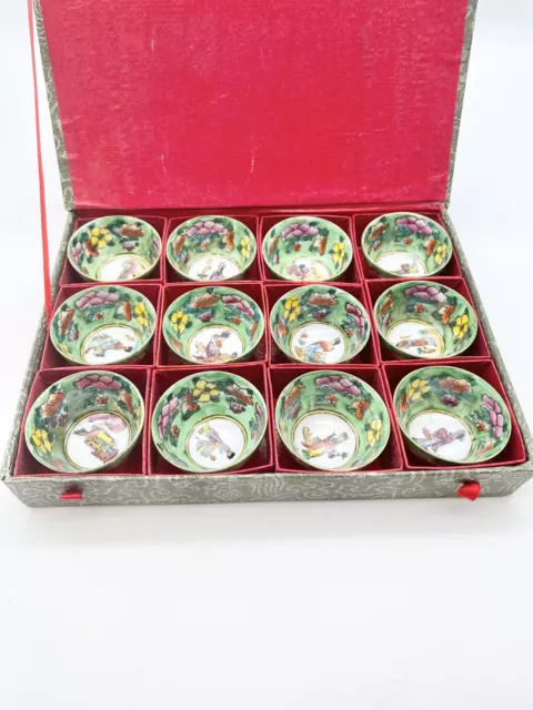 Vintage Japanese Geisha Porcelain Sake Tea Cup Set of 12 In Box Hand Painted