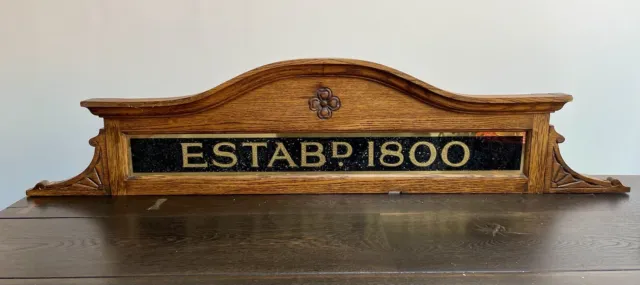 Antique Oak Shops Retail Decorative Pediment  ‘Established 1800’  Oak Panelling