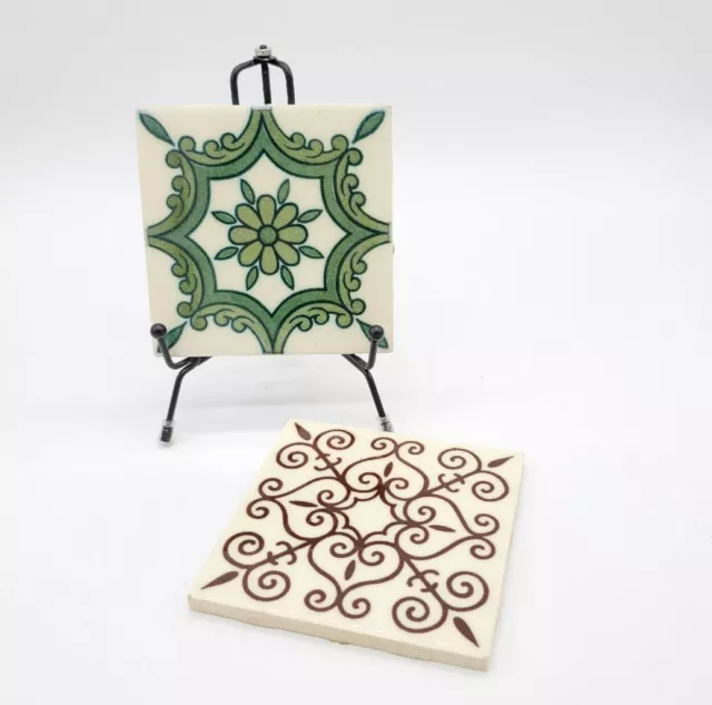 Pair of Dal-Tile Decorative Art Tiles Trivets Monterrey Mexico Hand Painted