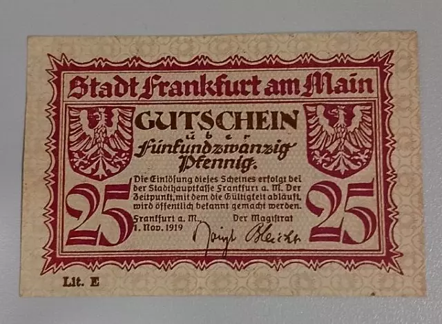 Notgeldschein 25 Pfennig  1919 Stadt Frankfurt am Main