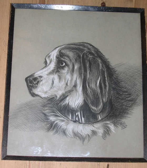 Rare Antique Bloodhound Dog Drawing 1892 Signed Orig Frame