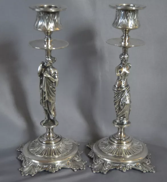 PAIR SILVERED BRONZE FIGURAL NEOCLASSICAL CANDLESTICKS C 1820s FRENCH