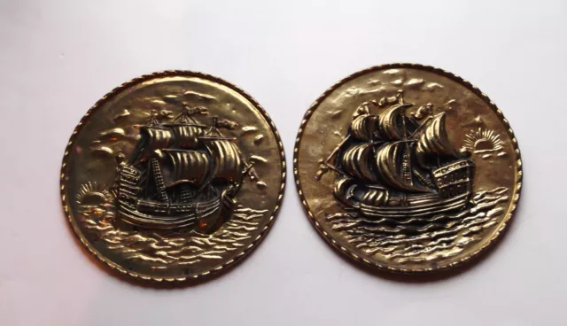 Peerage Vintage Brass 8” Embossed Wall Hanging 2 Plates Ships - England Set