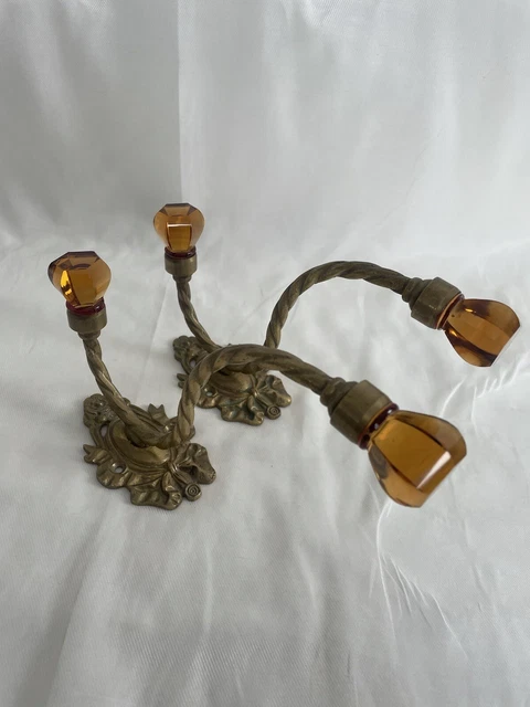 Pair 2 Antique Victorian Ornate Amber Glass Brass Hook Coat Hanger Wall Hardware 11