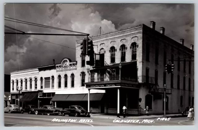 RPPC c1940s Arlington Hotel Coldwater Michigan Street View Classic Cars