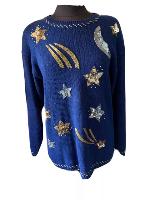 Medium Vintage 90’s Y2K Celestial Stars Moons Knit Sweater Blue Cotton Novelty