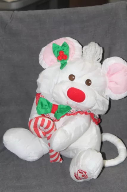 Vintage Fisher Price Puffalumps White Christmas Mouse with Candy Cane 1986