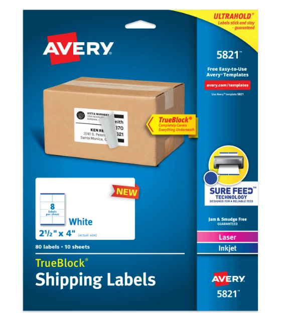 Avery Shipping Labels, White, 2.5" x 4", Laser/Inkjet, 80 Labels (05821)