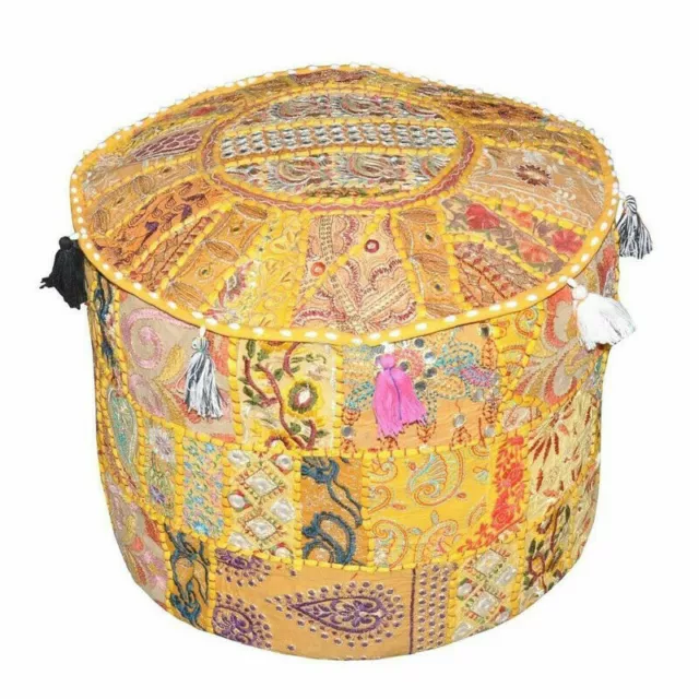 18" Indian Patchwork Round Ottoman Pouf Cover Vintage Moroccan Footstool Pouffe