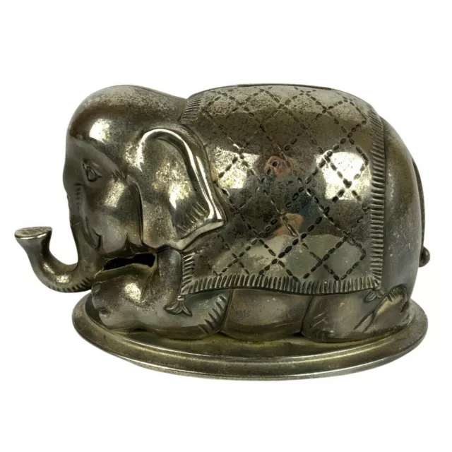 Cast Metal Circus Elephant Coin Bank Silver Tone Kneeling Patina Unbranded
