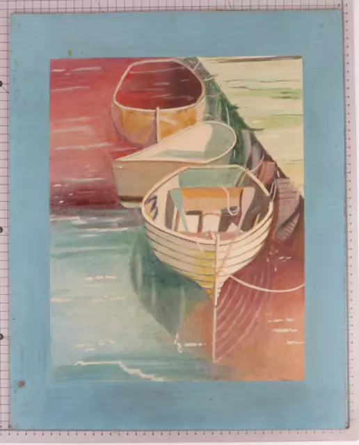 Viejo Pintado Marina Barcos Pescadores Opera Pintor Reynaud Vintage Bsn