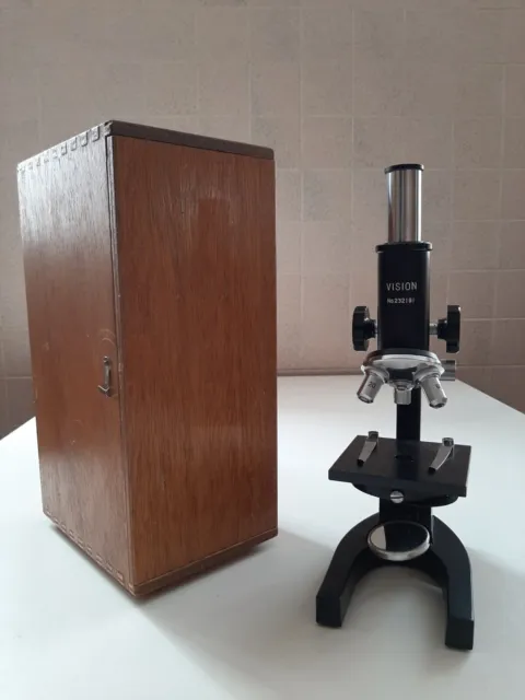 Microscopio VISION biologico vintage con custodia in legno.