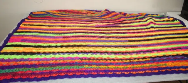 Handmade Crochet Knit Blanket Throw Afghan 5.5ft X 6ft Boho Bright