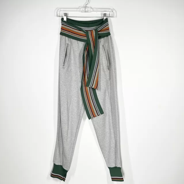 3.1 PHILLIP LIM Gray Cotton Terry Jogger Sweatpants Ribbed Green Ties XS NST