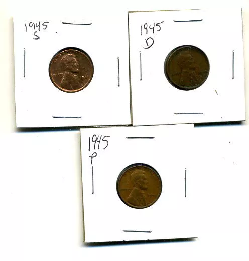 1945 P,D,S Wheat Pennies Lincoln Cents Circulated 2X2 Flips 3 Coin Pds Set#3439