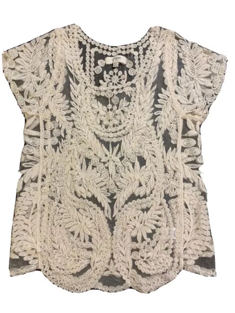 Umgee Women’s M/L Sheer Lace Feminine Boho Ivory Top Tunic Embroidered