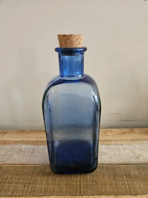 Vintage square Colbalt blue bottle with cork. 9" Tall