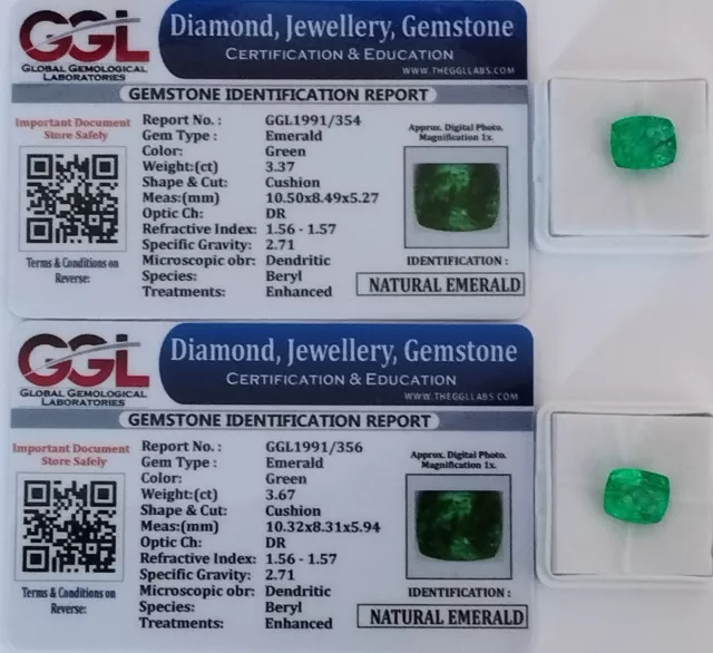 Lot de 2 émeraudes de Colombie - 7,04 carats avec certificats.