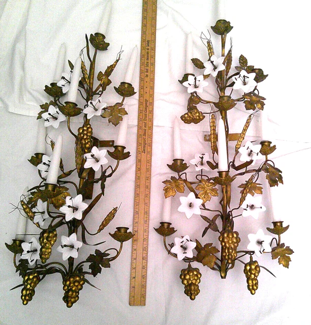 Antique French 19Th Century Gilt-Brass &Milk Glass White Lilies Candelabra