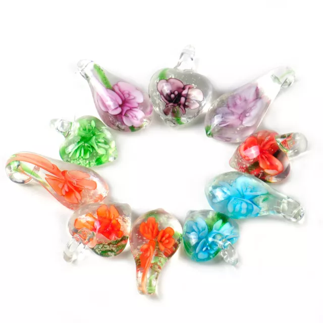 10X Heart Murano Drop Flower Lampwork Glass Bead Pendant Necklace Art Women 2