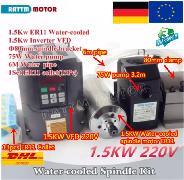 〖FR〗1.5KW Water Cooled 220V ER11 Spindle Motor Milling& HY VFD&Clamp&Pump&Collet