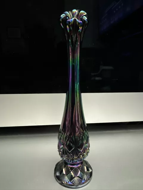 Vintage Fenton Black Amethyst Carnival Glass Swung 7-1/2" Bud Vase