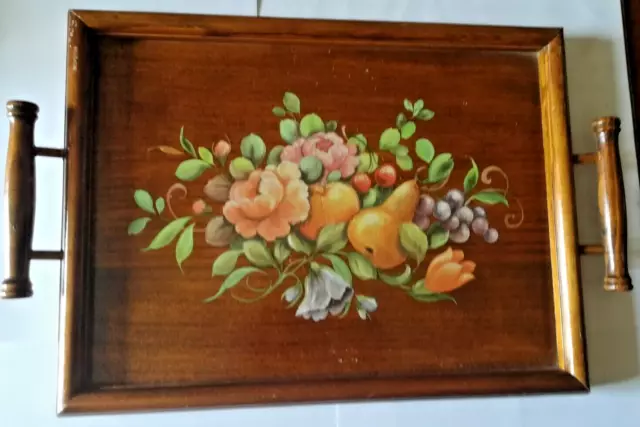 vassoio vintage con manici in legno natura morta decoupage con disegni di frutta