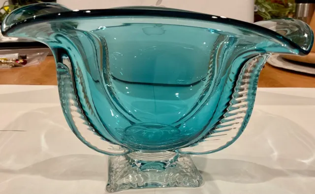 Robinson Scott ‘99 Signed Art Glass Lovely Teal Blown Glass Ribbed Stemmed Bowl