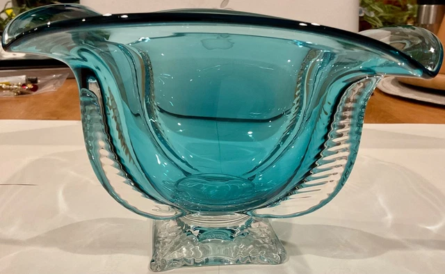 Robinson Scott ‘99 Signed Art Glass Lovely Teal Blown Glass Ribbed Stemmed Bowl