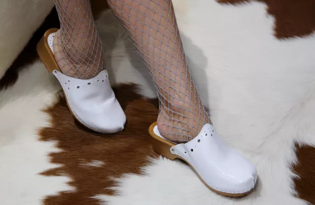 Chaussures en Bois - Ella Femmes Sabots de Bois Cuir Véritable Mules Blanc