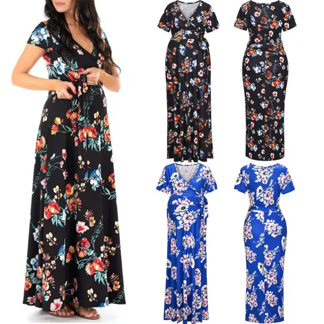 Pregnant Women Boho Nursing Maxi Dress Maternity Breastfeeding V-Neck Nightdress