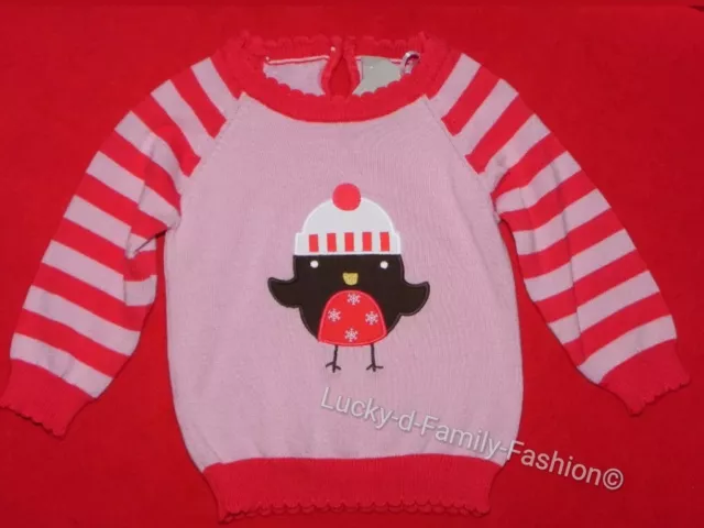NEW baby girl TU pink red striped Christmas Xmas robin jumper age 3-6 6-9 months