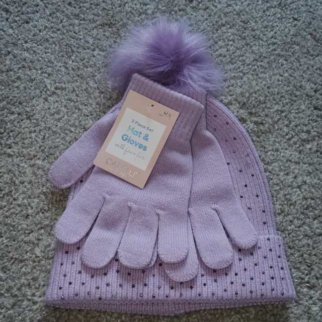 NEW Capelli Newyork 2 Piece Set Hat & Gloves Girls M/L Purple & Rhinestones