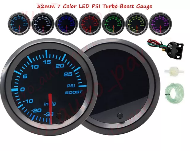 2" 52mm 7 Color LED PSI Turbo Boost Gauge+Sensor+Tube Boat Truck Auto Modify AU