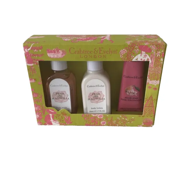 Crabtree & Evelyn Pear & Pink Magnolia Body Wash Lotion Hand Cream Travel Set