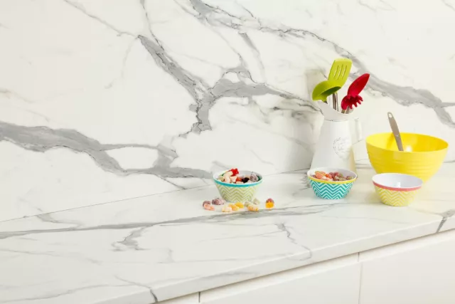 White Marble Veneto 40mm Laminate Kitchen Worktop - Cut to Size + Edging Strip