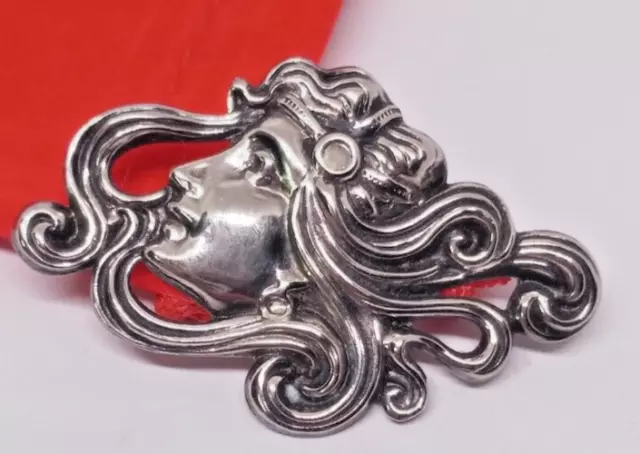 Vintage Art Nouveau Sterling Silver Woman's Profile Flowing Hair Brooch Pin