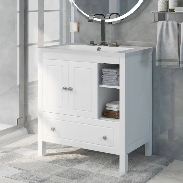 30" Bathroom Vanity w/ Sink, Solid Wood Free Standing Bathroom Cabinet, Drawer