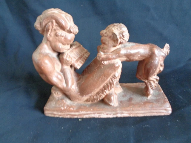 ancien groupe en terre cuite deux faunes jouant de la flute de pan signé J CORIN