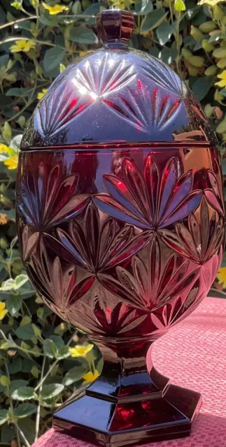 Cristal D'arques-Durand France Ruby Red Glass Pedestal Candy Dish with Lid